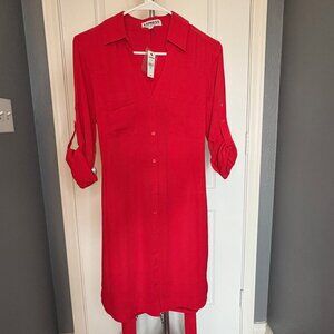 NWT Express Portofino Red Shirt Dress Long Sleeve Button Front Belt Tie Small